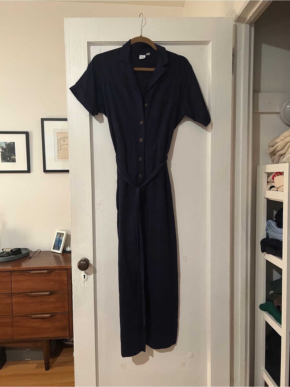 GAP Navy Button-Front Jumpsuit with Tie Waist
